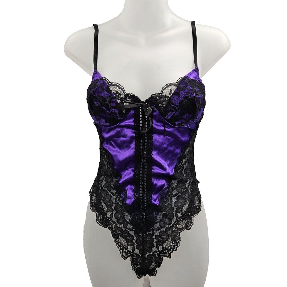 Vintage 1980's E. Bole Purple & Black Lace Lingerie Teddy Bodysuit Size Small